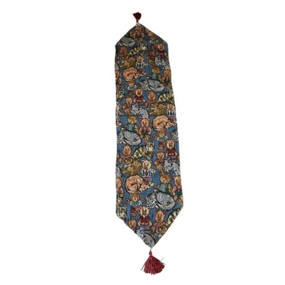 Vintage Teddy Bear & Cats Patterned Table Runner with Tassels